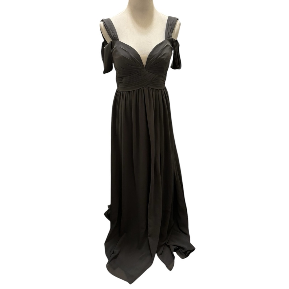 Azazie slate gray Lianne a line off the shoulder chiffon dress